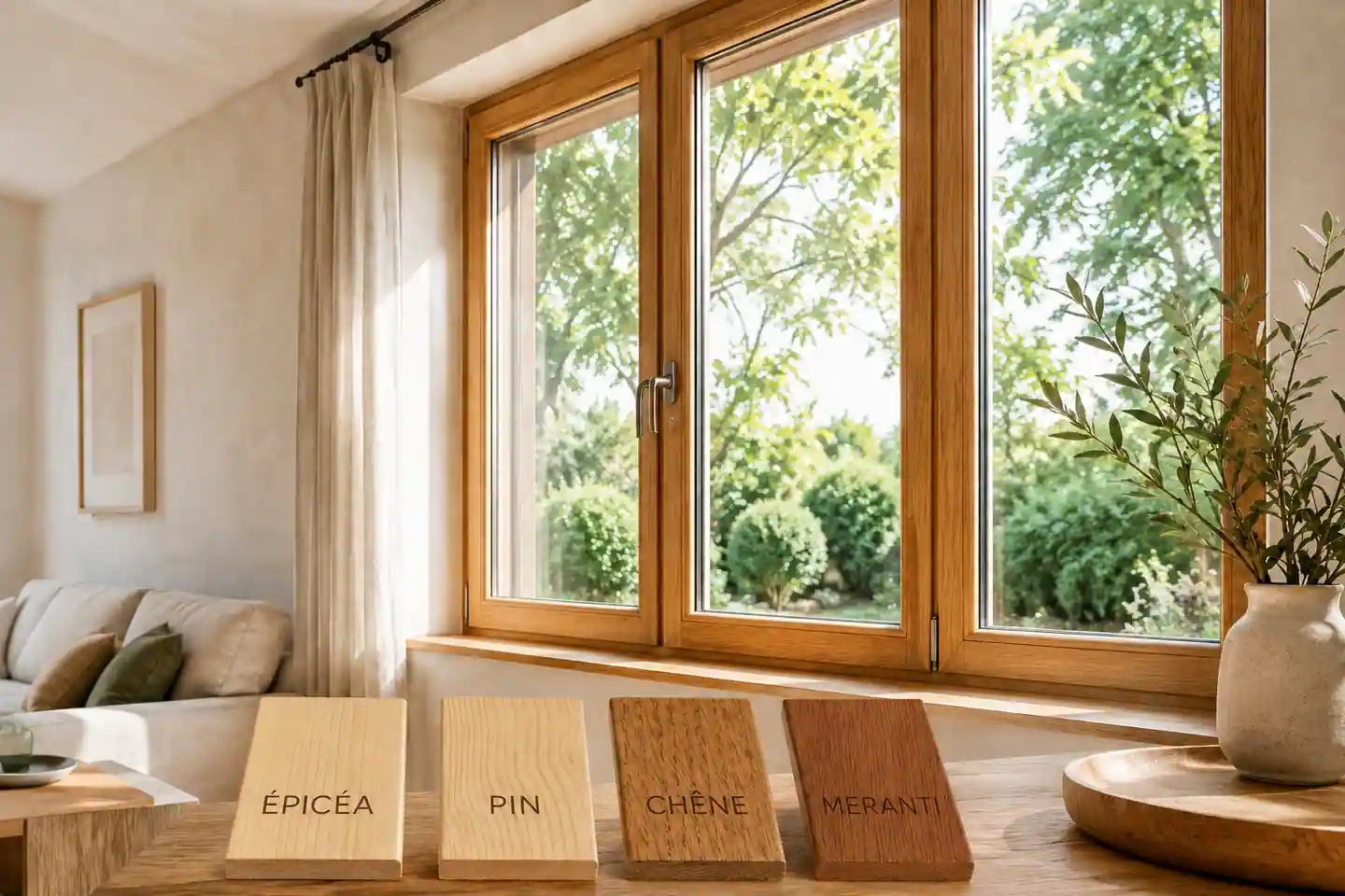 Fenêtres en bois sur mesure avec échantillons gravés en épicéa, pin, chêne et meranti dans un intérieur lumineux.