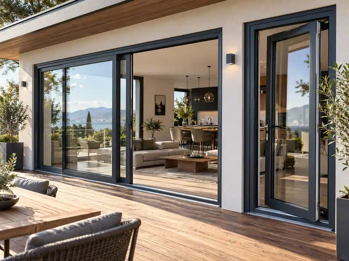 Baie vitrée coulissante PVC gris anthracite ouverte sur une terrasse en bois, porte-fenêtre oscillo-battante à côté