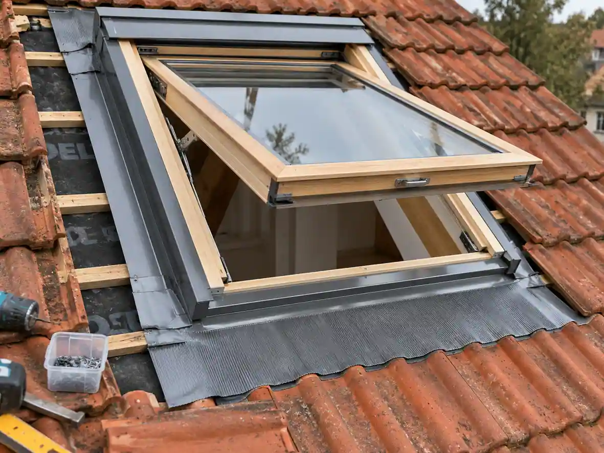 Fenêtre de toit en bois à rotation en cours de remplacement sur un toit en tuiles, raccord d'étanchéité aluminium posé